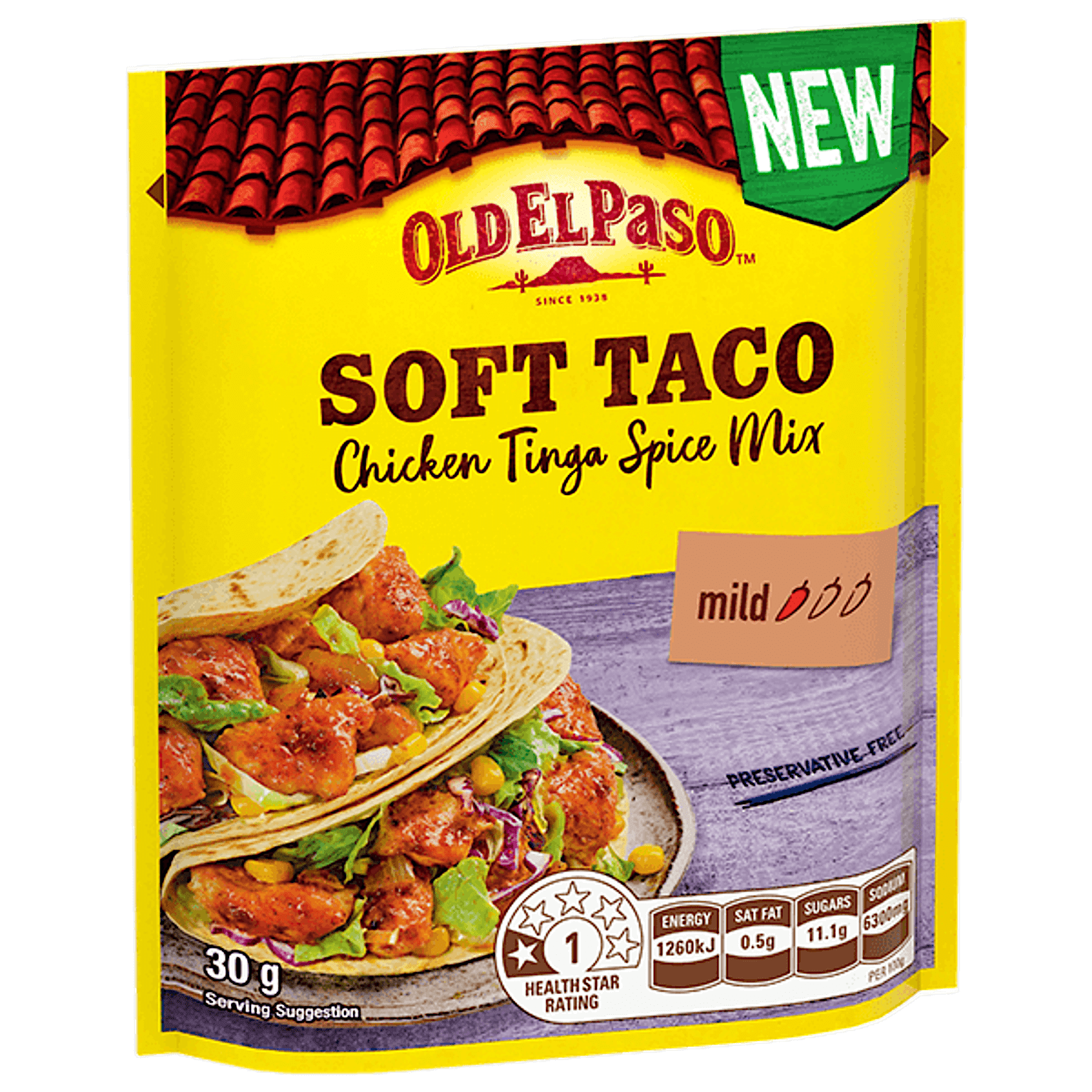 a pack of Old El Paso's soft taco chicken tinga spice mix mild (30g)